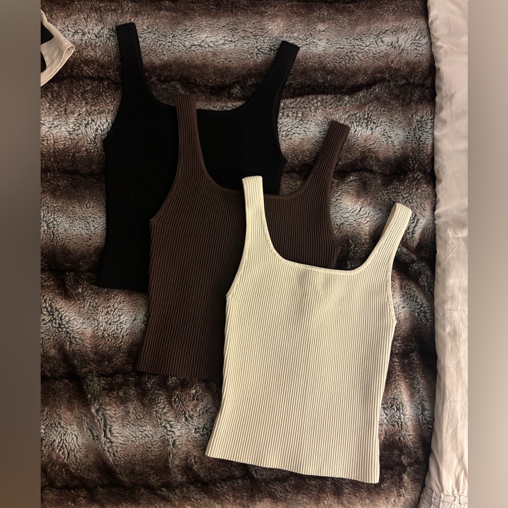 Aritzia - Babaton Sculpt Knit Squareneck Tank Trio - Black, Brown, Cream